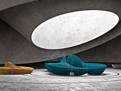 Modern Blue Brown Public Chairs With Geometric Curved Design Under Circular Skylight 3d model