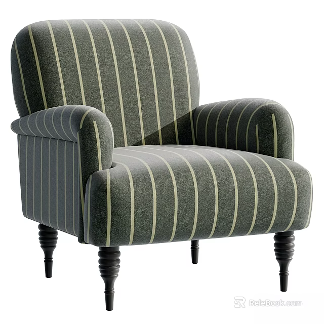 Elegant Leisure Chair With Dark Green Vertical Stripes Upholstery And Black Turned Legs 3d model 