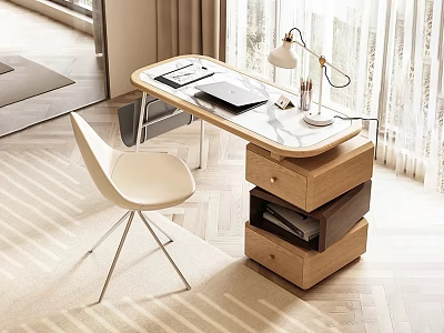 Modern Minimalist Desk With Wooden Top Desk Lamp Laptop White Chair And Drawer Cabinet 3d model