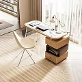 Modern Minimalist Desk With Wooden Top Desk Lamp Laptop White Chair And Drawer Cabinet