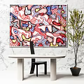 Modern White Desk Interior With Round Table Black Chair Colorful Abstract Painting And Green Plant