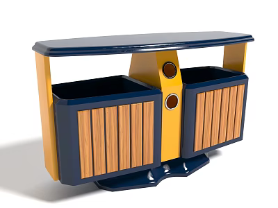 Modern Public Trash Bin With Dual Compartments Blue Yellow And Wooden Panels 3d model