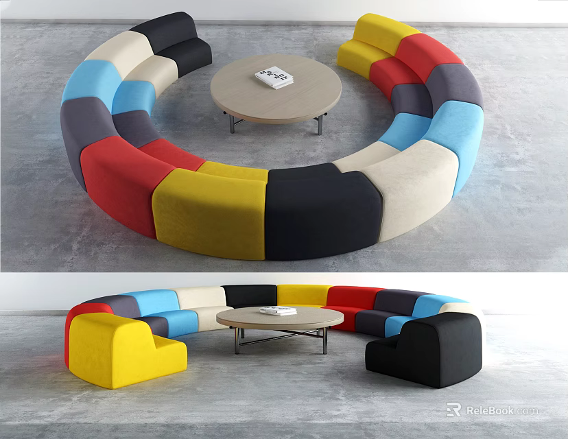 Modern Colorful Modular Multi Person Sofa With Circular Design And Coffee Table 3d model