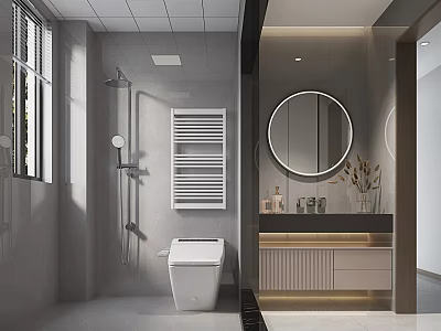 Modern Bathroom Interior With Round Mirror Toilet Shower And Gray Tile Vanity 3d model