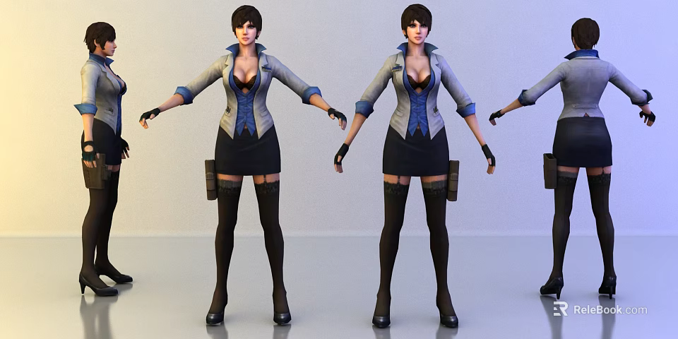 Women in Stylish Outfits with Blue Vest Black Skirt and Thigh High Stockings 3d model 