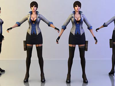 Women in Stylish Outfits with Blue Vest Black Skirt and Thigh High Stockings 3d model
