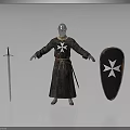Standing Medieval Knight Character With Sword Shield And White Cross Emblem 3d model