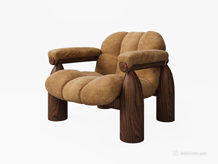 Warm Brown Soft Plush Fabric Armchair with Modern Dark Wooden Legs and Curved Armrests 3d model 