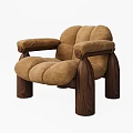 Warm Brown Soft Plush Fabric Armchair with Modern Dark Wooden Legs and Curved Armrests