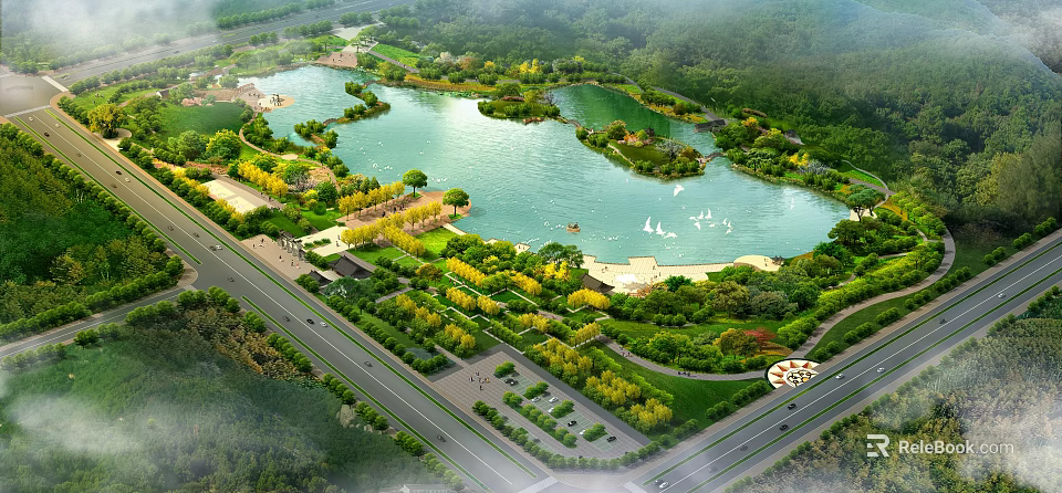 Tranquil Waterfront Landscape With Lake Islands Greenery Roads Parking Lots And Swans 3d model 