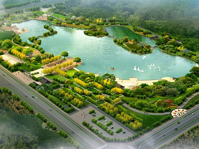 Tranquil Waterfront Landscape With Lake Islands Greenery Roads Parking Lots And Swans 3d model