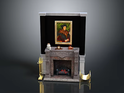 Elegant Stone Fireplace With Framed Painting On Mantel And Decorative Items Golden Candle Holders 3d model