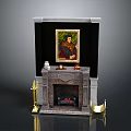 Elegant Stone Fireplace With Framed Painting On Mantel And Decorative Items Golden Candle Holders