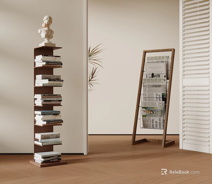 Stylish Interior With Book Stack Shelf Floor Mirror White Bust Sculpture And Potted Plant 3d model 