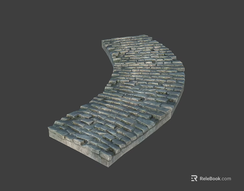 Curved Outdoor Gray Stone Brick Pavement With Detailed Textured Surface 3d model 