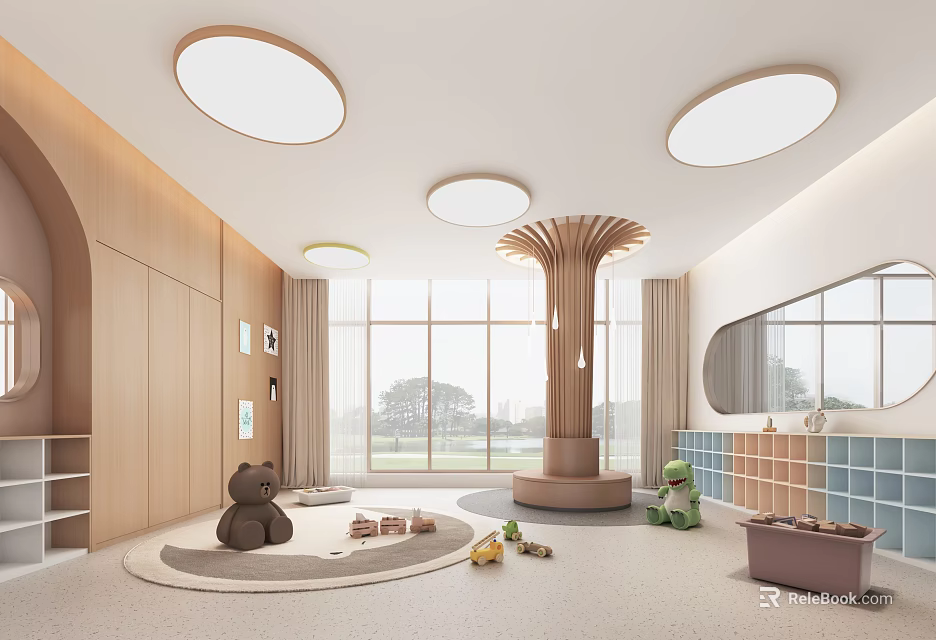 Modern Kindergarten Interior With Toys Circular Lights And Tree Decor 3d model 