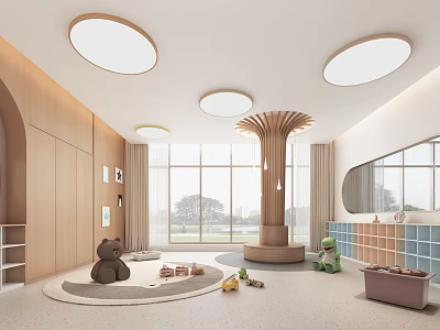 Modern Kindergarten Interior With Toys Circular Lights And Tree Decor 3d model