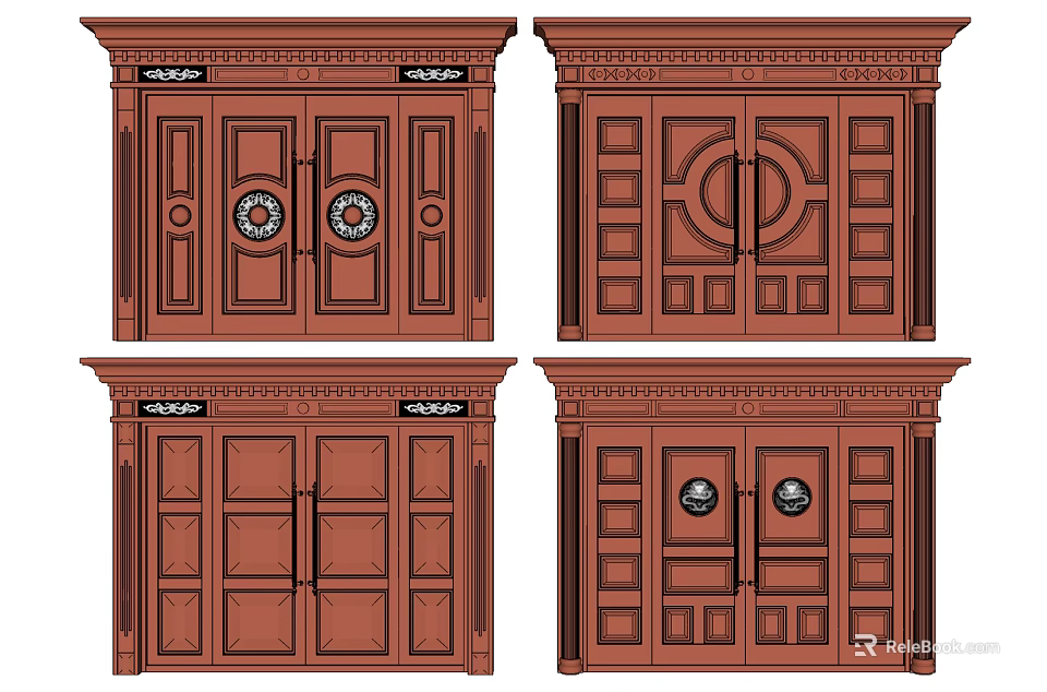 Elegant Wooden Double Doors With Ornate Carvings Circular Motifs And Panels 3d model 