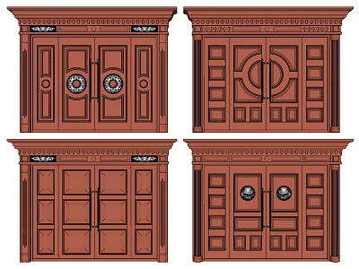 Elegant Wooden Double Doors With Ornate Carvings Circular Motifs And Panels 3d model