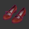 Vintage Orange Red Leather Shoes with T Strap Metal Buckle and Block Heel Design