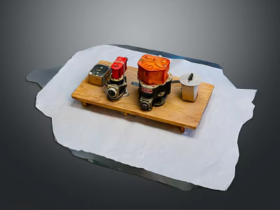 Mechanical Components Placed on Wooden Tray Featuring Red and Orange Parts 3d model