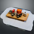 Mechanical Components Placed on Wooden Tray Featuring Red and Orange Parts