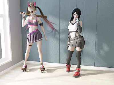 Two Game Characters With Double Ponytail Crown Baseball Bat Black Long Hair And Stylish Outfits 3d model