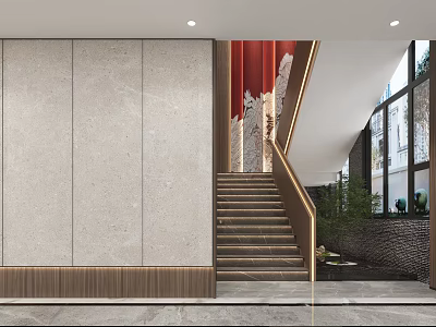 Modern Elegant Lobby Interior With Staircase Marble Wall Green Plants And Floor To Ceiling Windows 3d model