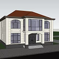 Two Story Detached Villa Exterior With White Walls Black Roof And Green Trees