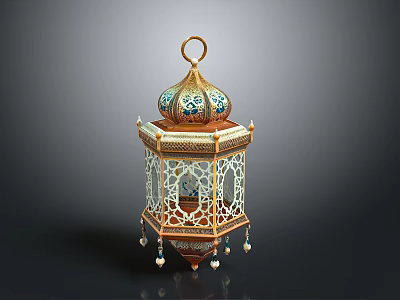 Traditional Ornate Decorative Lantern With Gold Frame Blue Patterns And Hanging Beads 3d model