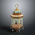 Traditional Ornate Decorative Lantern With Gold Frame Blue Patterns And Hanging Beads