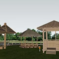 Outdoor Park With Thatched Pavilions Green Grass And Wooden Structures