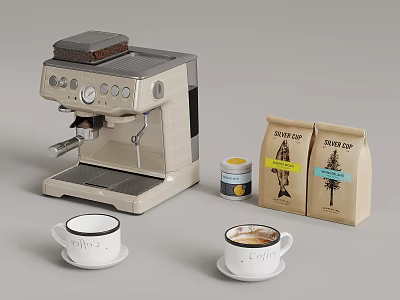 Cozy Home Coffee Corner With Beige Espresso Machine Coffee Bags White Cups And Sugar Jar 3d model