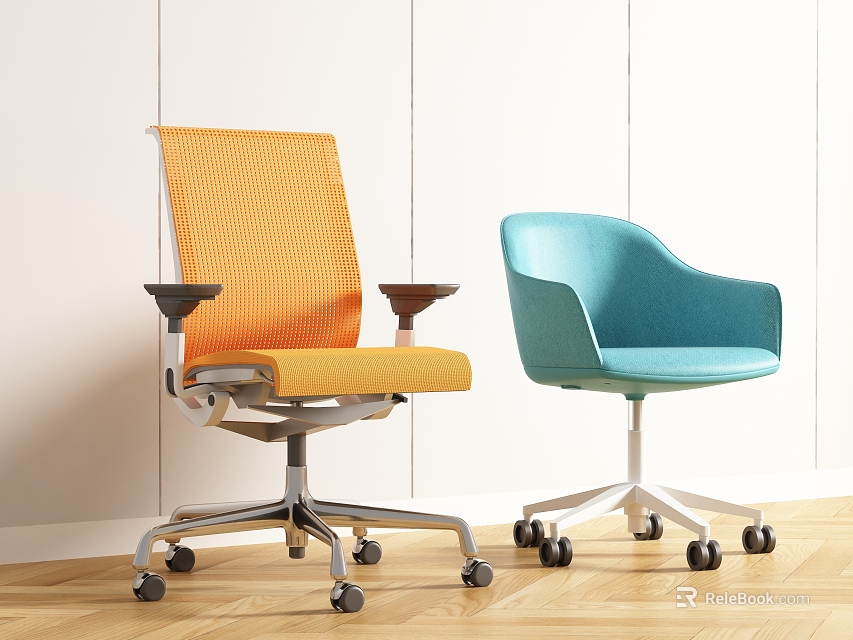 Orange And Light Blue Office Chairs With Mesh Back Curved Design Metal Legs And Wheels 3d model 