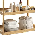 Natural Wooden Three Tier Storage Shelf With Cushioned Top Towels Toiletries And Woven Basket