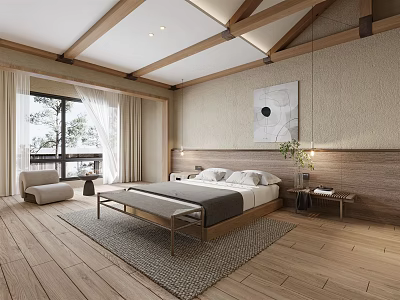 Minimalist Bedroom Interior With Wooden Ceiling Beams Flooring Bed Rug And Window Side Chair 3d model