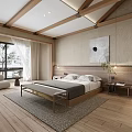 Minimalist Bedroom Interior With Wooden Ceiling Beams Flooring Bed Rug And Window Side Chair
