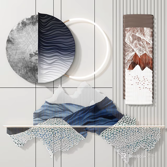 Modern Circular Wall Decorations with Wavy Patterns Ring and Mountain Shaped Artwork 3d model
