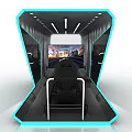 Console Game Store Featuring Modern Gaming Pod With Black Seat Steering Wheel And Blue Lighting