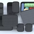 Black Household Storage Boxes In Various Sizes Shapes Containing Colorful Threads 3d model