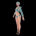 Woman With Short Gray Hair In Blue Bikini Gray Hooded Jacket Wearing Black High Heels