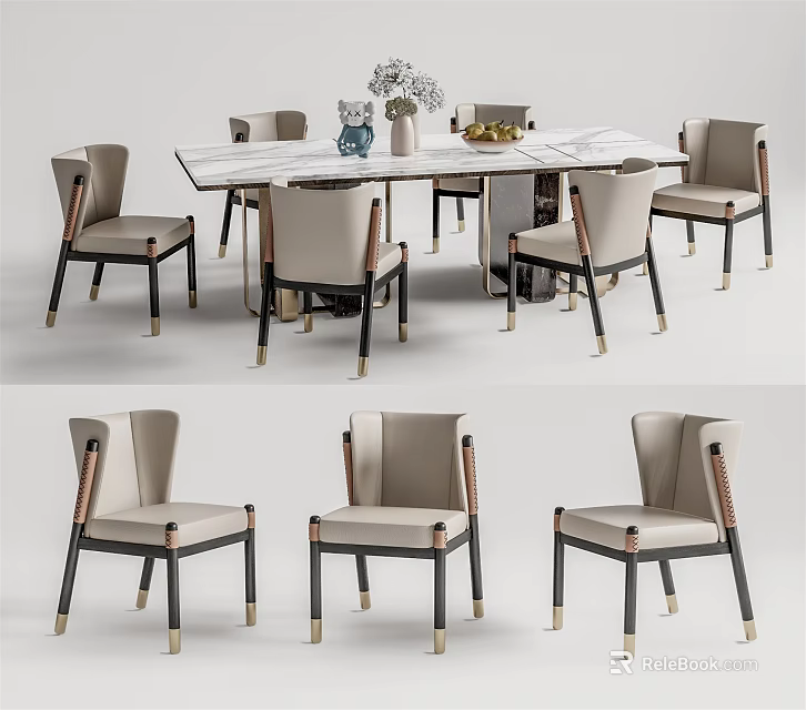 Elegant Modern Dining Table Set With Marble Top And Six Light Colored Chairs 3d model 