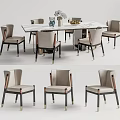 Elegant Modern Dining Table Set With Marble Top And Six Light Colored Chairs 3d model