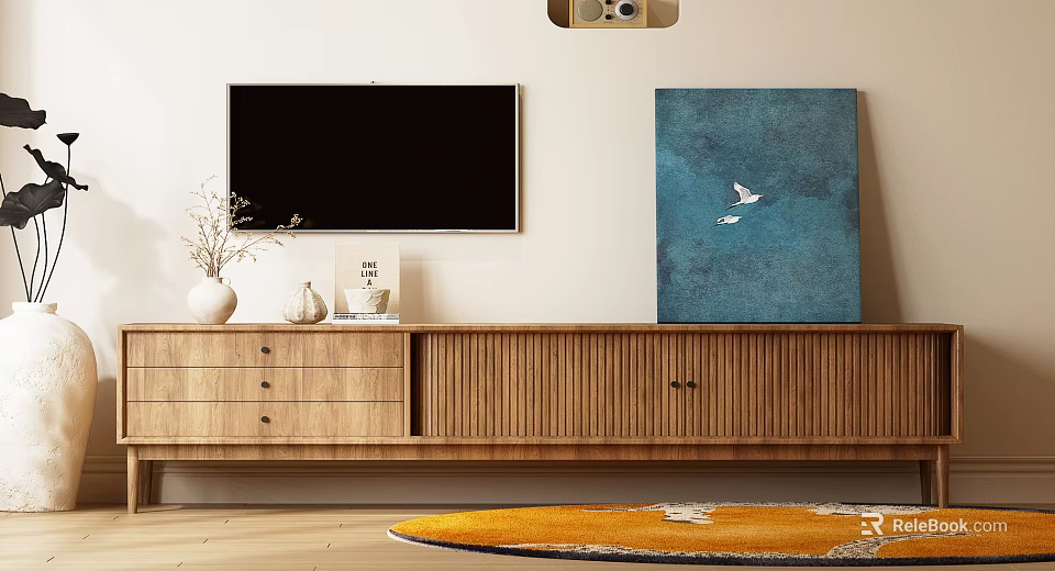 Wooden TV Stand with Drawers Cabinet Doors Decorations Blue Painting Birds in Modern Living Room 3d model 