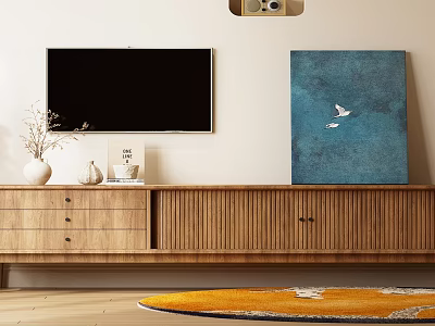 Wooden TV Stand with Drawers Cabinet Doors Decorations Blue Painting Birds in Modern Living Room 3d model