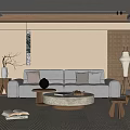 Modern Living Room Interior With Light Sofa Round Coffee Table Wooden Wall And Neutral Carpet