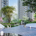 Urban Garden Landscape With High rise Buildings Lush Trees And Paved Walkway