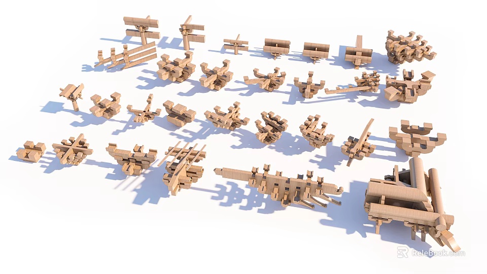Wooden Architectural Components With Mortise And Tenon Joints Various Shapes And Traditional Craftsmanship 3d model 