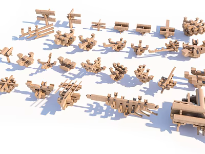 Wooden Architectural Components With Mortise And Tenon Joints Various Shapes And Traditional Craftsmanship 3d model
