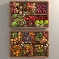 Fresh Assorted Fruits Displayed in Wooden Trays with Compartments and Colorful Varieties